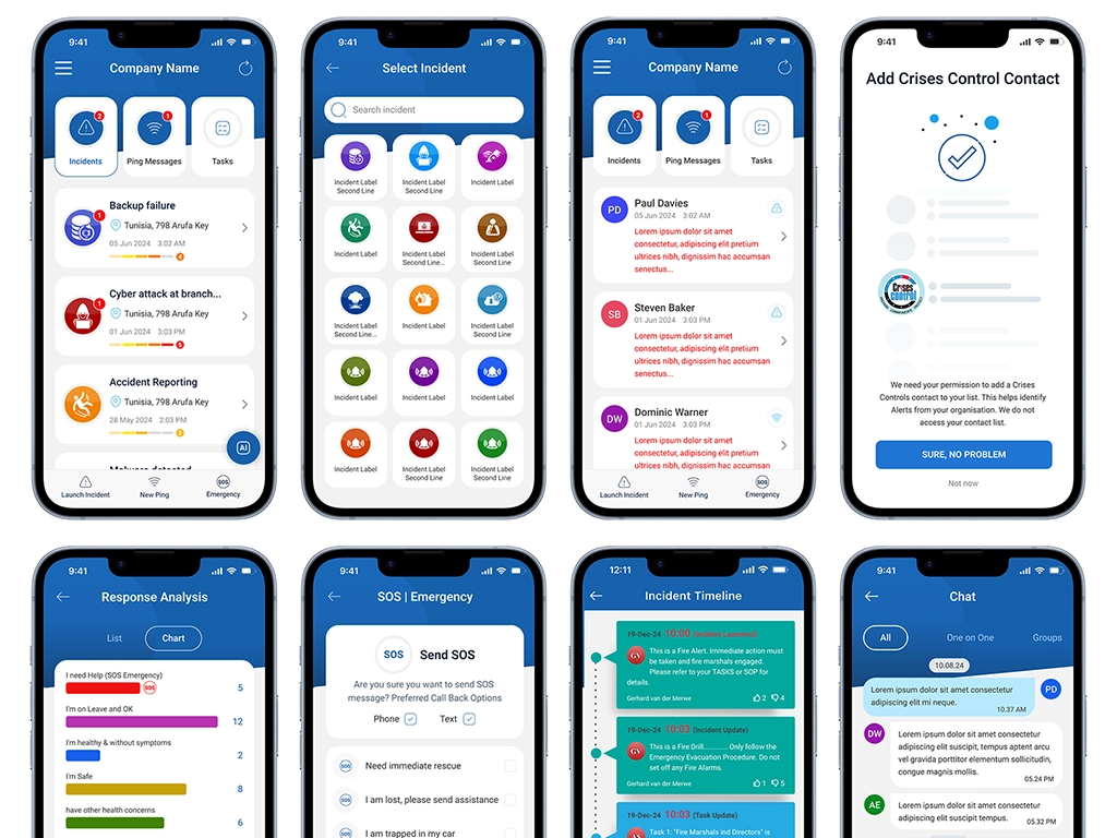 Crises Control mobile app screens, a crisis-management app designed in Figma