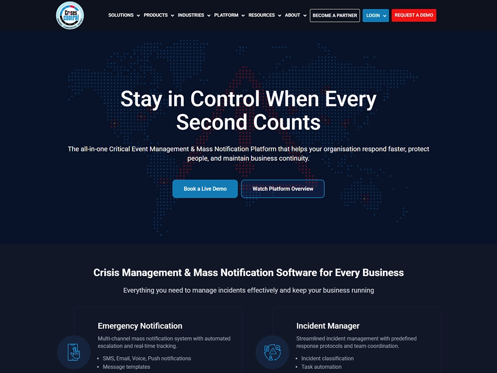 Crises Control website, an incident-management SaaS marketing site