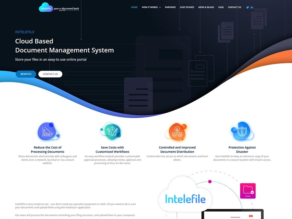 Intelefile website, a cloud document-management platform built in WordPress