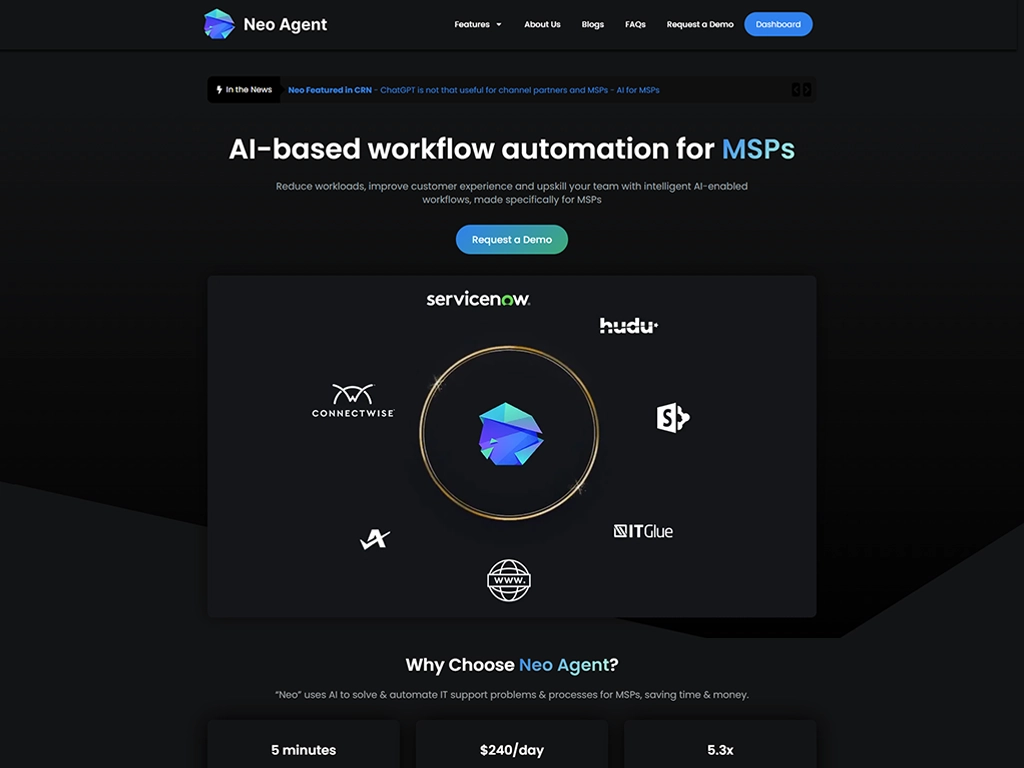 NeoAgent website, an AI tools platform for managed service providers