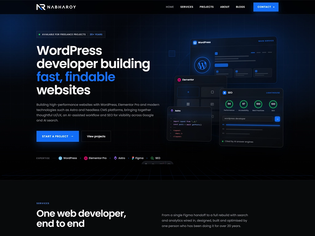 nabharoy.com, a portfolio website built with Astro and a headless CMS