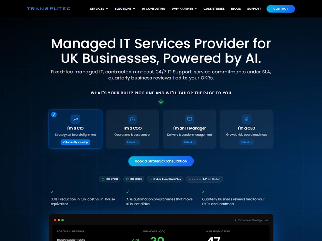 Transputec website homepage, a WordPress site built with Elementor Pro